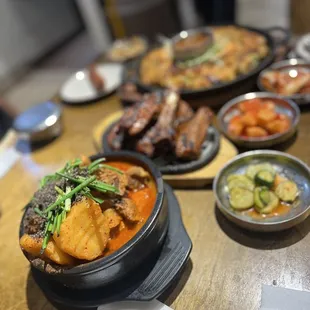 a variety of dishes on a table