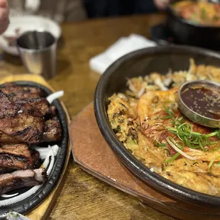 Garlic soy ribs and seafood pancake.