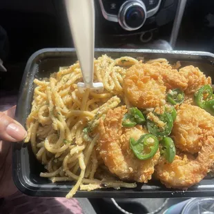 Garlic noodles and fried prawns