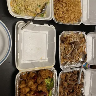 Salted fish and chicken fried rice, beef chow fun, mandarin fried chicken, salt and pepper spare ribs and house crispy noodles