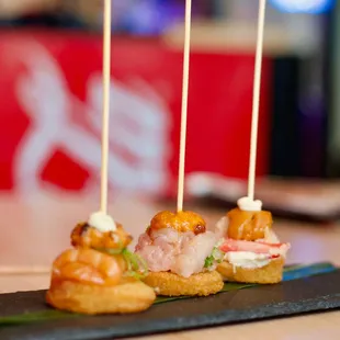 Uni Pintxos Trio- Seared Uni Salmon, Uni Hamachi, Uni Snow Crab