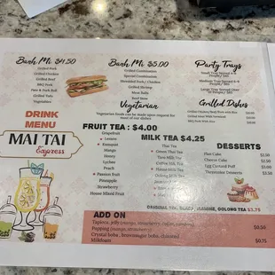 Drinks, Bahn Mi, Desserts Menu