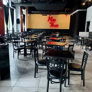 tables and chairs in a restaurant