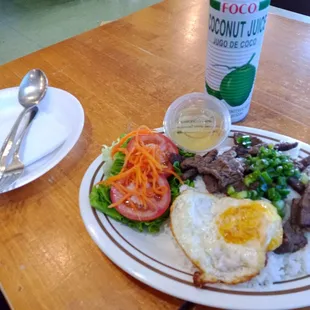 Grilled beef rice plates with fried egg