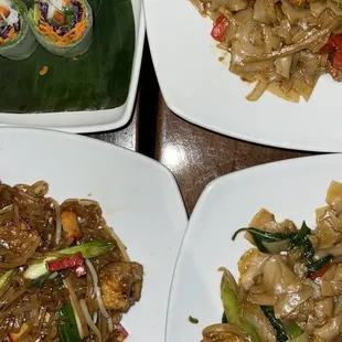 Fresh Garden Rolls (top left), Drunken Noodle (right), Pad Thai (bottom left)