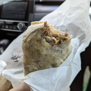 Burrito, steak and egg breakfast burrito, carne asada, bacon