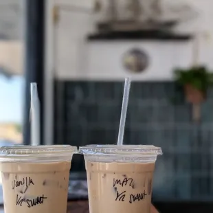 Vanilla iced latte &amp; Mazapan iced latte both 1/2 sweet.