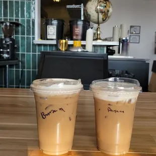 Two banana nut bread lattes