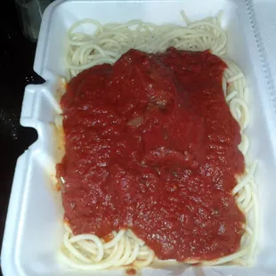 Dad&apos;s spaghetti with hot sausage.