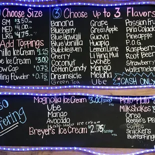 Menu with prices as of 12/23/2021