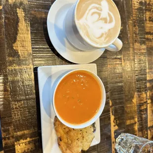 Creamy tomato soup and a carmel latte