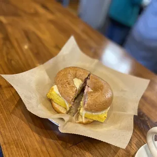 Bagel ham egg and provolone
