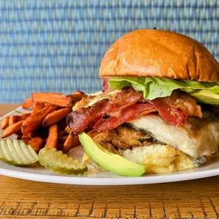 BLT Rockfish sandwich with lemon aioli and fried green tomato.