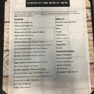 Saturday &amp; Sunday menu