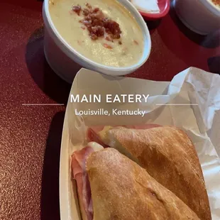 Ham and Swiss cheese sandwich on ciabatta bread and bacon potato soup!