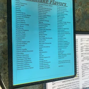 a menu for milkshake flavors