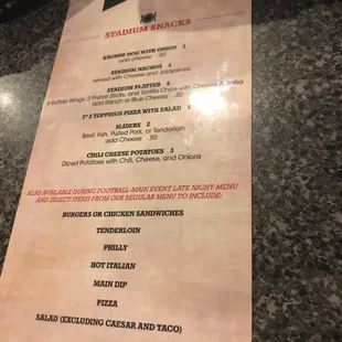 Snacks menu