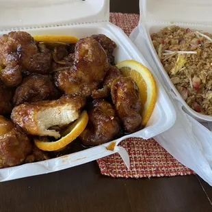 Orange chicken and bbq pork fried rice