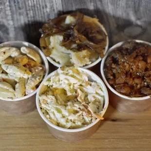 Baked beans with burnt ends, Cole slaw, Shmaltzy Mashed Potatoes with Carmelized Onions and Pasta Salad