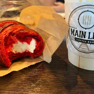 Red velvet croissant and coffee