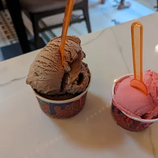 Chocolate ice cream and raspberry sorbet
