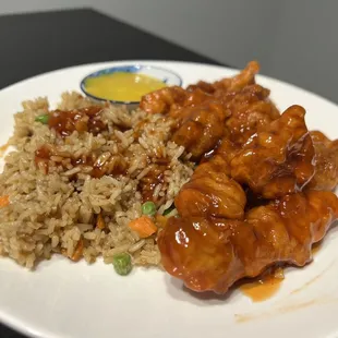 General Tso's Chicken with vegetable fried rice.