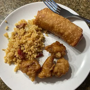 Orange chicken fried rice and pork egg roll