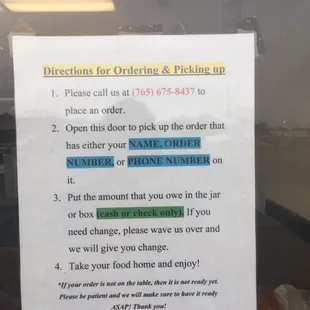 directions for ordering and pick up