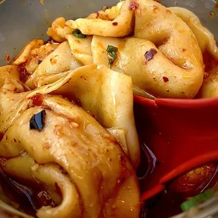 Wontons in Hot Pepper. Typical Sichuan mala appetizer, wontons were very substantial with a firm chew.