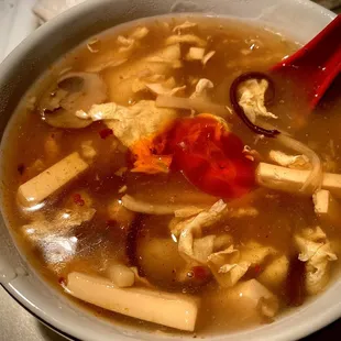 Hot &amp; Sour Soup, free with lunch dishes. A little doctoring at home with hot sesame oil and some black vinegar.