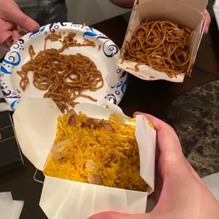 Beef lo mein, pork fried rice. Well, suppose to be