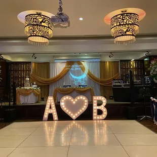Dance Floor: Main Party Rentals // AB Sign: Designed with Aloha // Backdrop + Table Linens: Elegance With Grace // Venue: Jade Dynasty.