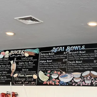 Juices and Açaí Bowls Menu