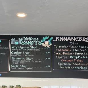Wellness Shots and Enhancers Menu
