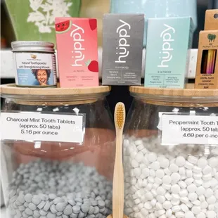 a variety of toothbrushes and toothpaste