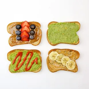 Almond Berry, Peanut Butter Banana, Spicy and Regular Avocado Toast on vegan, gluten-free bread!