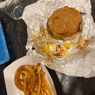 &quot;Spartan burger and side of onion rings&quot;