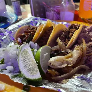 Pastor, Asada, Carnitas, Barbacoa tacos.