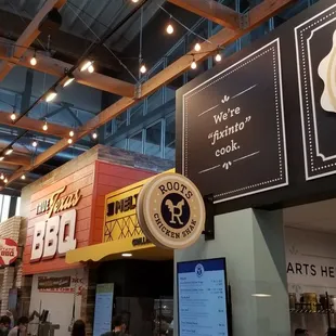 Tacos, bbq, grilled cheese, fried chicken or Japanese (not shown)? Bar in the back.