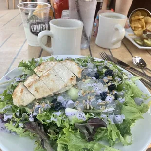 Boba salad - grilled chicken; pearl lychees; blueberries; honey dew melon and sesame seeds over spring mix w/a milk based dressing.