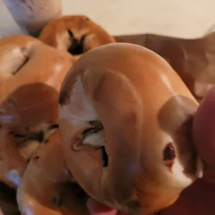 a hand holding a bagel with a bite taken out of it