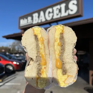 Sausage egg &amp; cheese on everything bagel