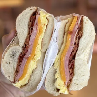 Ham, egg &amp; cheese with bacon on sesame bagel
