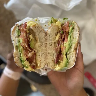 a person holding a sandwich