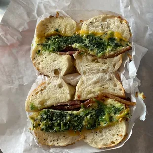 ##5 Egg, Bacon and Spinach Bagel on an Onion Bagel