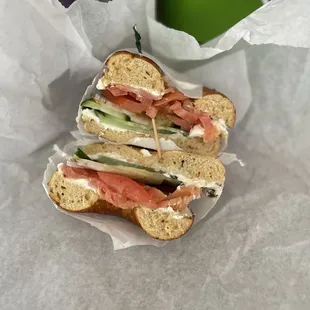 Nova lox sandwich on jalapeño cheese bagel