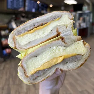 Huge breakfast sandwich with the SOFTEST, FLUFFIEST eggs