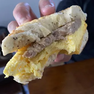 Sausage, egg and cheese bagel