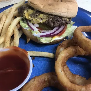 Cheese Burger Special! Had to trade some onion rings for some fry&apos;s.