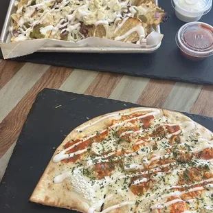 Buffalo chicken flatbread and potato chip nachos